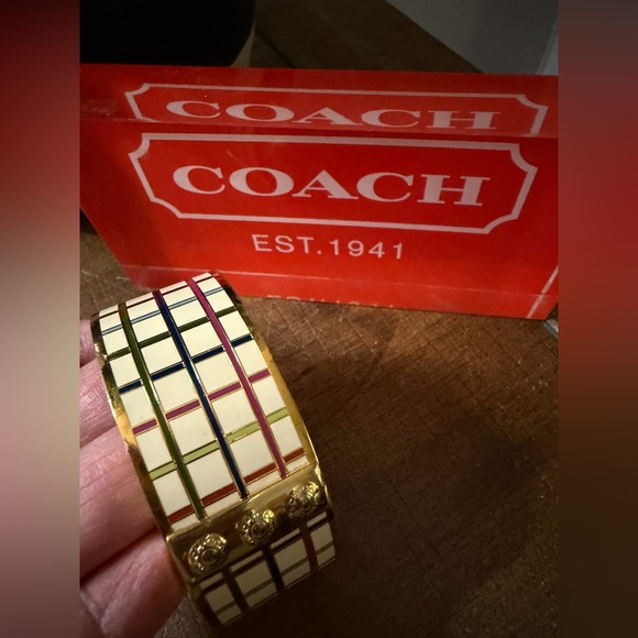 Coach Tattersall Gold Enamel Bangle Cuff Bracelet - Picture 2 of 6
